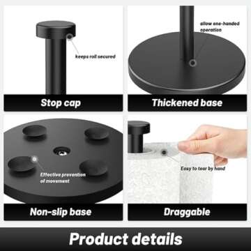 VEHHE Black Paper Towel Holder Countertop, Stainless Steel Paper Towel Holder Stand with Weighted Base Suction Cups for Kitchen Bathroom