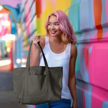 DALIX Womens 23" Deluxe 24 oz. Cotton Canvas Tote Bag Zippered