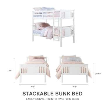 DHP Dylan Convertible Wood Bunk Bed, Stackable and Detachable Bed Frames for Kids and Teens, with Ladder, High Guardrail, Wood Slats, No Boxspring Required, Twin-Over-Twin, White