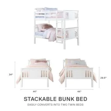 DHP Dylan Convertible Wood Bunk Bed, Stackable and Detachable Bed Frames for Kids and Teens, with Ladder, High Guardrail, Wood Slats, No Boxspring Required, Twin-Over-Twin, White