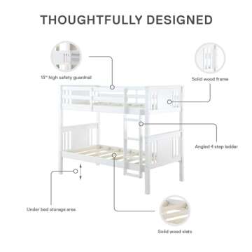 DHP Dylan Convertible Wood Bunk Bed, Stackable and Detachable Bed Frames for Kids and Teens, with Ladder, High Guardrail, Wood Slats, No Boxspring Required, Twin-Over-Twin, White