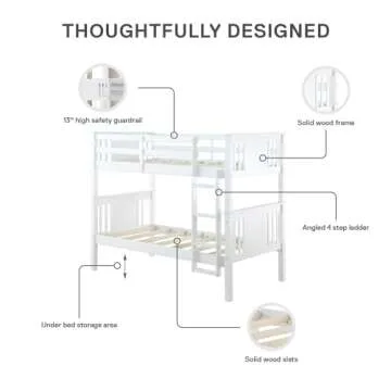 DHP Dylan Convertible Wood Bunk Bed, Stackable and Detachable Bed Frames for Kids and Teens, with Ladder, High Guardrail, Wood Slats, No Boxspring Required, Twin-Over-Twin, White