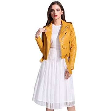 LY VAREY LIN Women's Faux Leather Motorcycle Jacket PU Slim Short Biker Coat (M, Yellow)