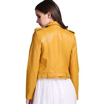 LY VAREY LIN Women's Faux Leather Motorcycle Jacket PU Slim Short Biker Coat (M, Yellow)