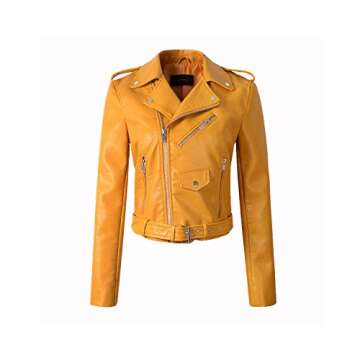 LY VAREY LIN Women's Faux Leather Motorcycle Jacket PU Slim Short Biker Coat (M, Yellow)
