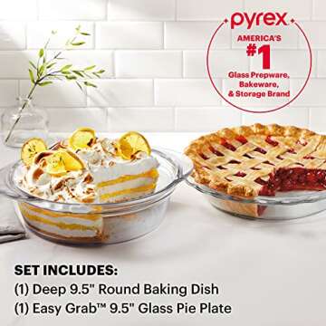 Pyrex Deep 2-Pack (9.5") Glass Baking Dish Set, Round Pie Glass Bakeware, Dishwasher, Microwave, Fre...
