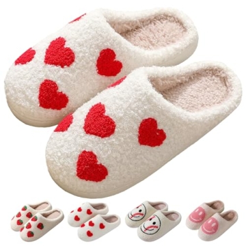 aiwbinu Cute Heart/Smiley Face Plush Slippers for Women, Comfortable Memory Foam Indoor Footwear