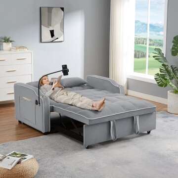 Sleeper Sofa Couch Bed with USB & Type C Port, Modern 3-in-1 Convertible Velvet Pull Out Loveseat Futon Sofa w/Phone Holder/Cup Holder for Living Room Apartment, Adjustable Backrest, Grey