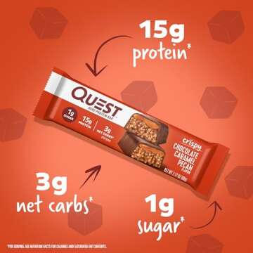 Delicious Quest Nutrition Crispy Chocolate Caramel Pecan Protein Bars, 15g Protein, 1g Sugar, Keto F...
