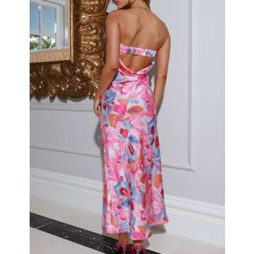 Realtix Summer Satin Print Backless Tube Tops Maxi Dress for Women Low Back Hollow Out Elegant Strapless Long Dresses Wedding Guest