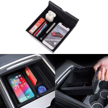 2021-2025 Tesla Model 3 Model Y Flocked Center Console Organizer Tray - Storage Bin Interior Armrest...