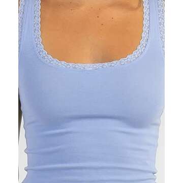 Meladyan Women Scoop Neck Lace Trim Crop Tank Top Patchwork Square Neck Sleeveless Solid Slim Casual Cropped Cami Vest Tops Blue