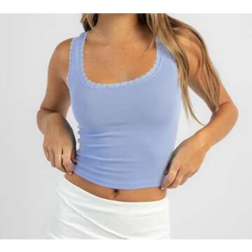 Meladyan Women Scoop Neck Lace Trim Crop Tank Top Patchwork Square Neck Sleeveless Solid Slim Casual Cropped Cami Vest Tops Blue