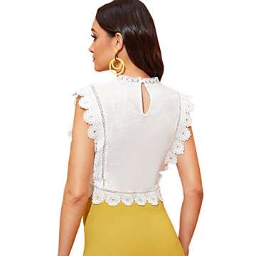 Floerns Women's Mock Neck Guipure Lace Trim Embroidery Blouse Tops A White M