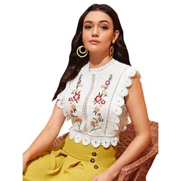 Floerns Women's Mock Neck Guipure Lace Trim Embroidery Blouse Tops A White M