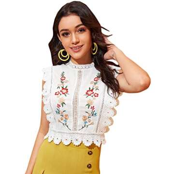 Floerns Women's Mock Neck Guipure Lace Trim Embroidery Blouse Tops A White M