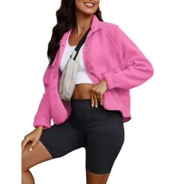 ReachMe Womens Sherpa Jacket Casual Lapel Button Down Cropped Fuzzy Fleece Jackets Long Sleeve Winter Coats with Pockets(3 Hot Pink,S)