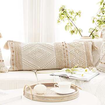 BlissBlush Cream Decorative Lumbar Throw Pillow Cover 14x36 Boho Long Cushion for Bed Neutral Beige White Accent Modern Farmhouse Pillowcase for Bedroom Living Room Couch Sofa Home Décor Cover ONLY