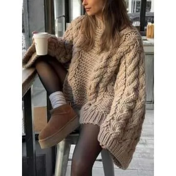 Women's Casual Oversized Sweaters Y2K Chunky Knit Pullover Tops Loose Sleeves Crew Neck Cable Knitted Sweater Tops Khaki