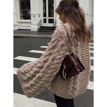 Women's Casual Oversized Sweaters Y2K Chunky Knit Pullover Tops Loose Sleeves Crew Neck Cable Knitted Sweater Tops Khaki