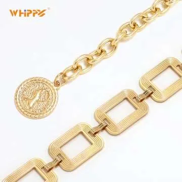 WHIPPY Metal Waist Chain Women Adjustable Body Link Belts Square Fashion Belly Jewelry for Jeans Dresses Gold M