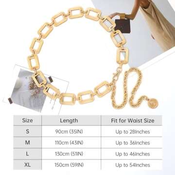 WHIPPY Metal Waist Chain Women Adjustable Body Link Belts Square Fashion Belly Jewelry for Jeans Dresses Gold M