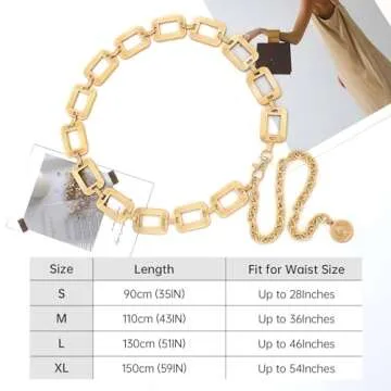 WHIPPY Metal Waist Chain Women Adjustable Body Link Belts Square Fashion Belly Jewelry for Jeans Dresses Gold M