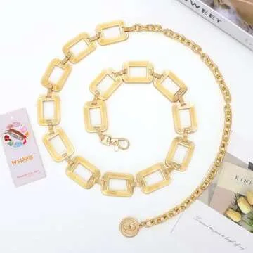 WHIPPY Metal Waist Chain Women Adjustable Body Link Belts Square Fashion Belly Jewelry for Jeans Dresses Gold M
