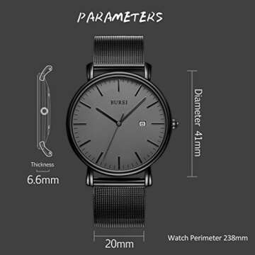 BUREI Men's Fashion Minimalist Wrist Watch All Black Waterproof Watches Simple Ultra Thin Watches An...