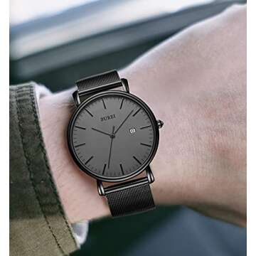 BUREI Men's Fashion Minimalist Wrist Watch All Black Waterproof Watches Simple Ultra Thin Watches Analog Quartz Date with Stainless Steel Mesh Band