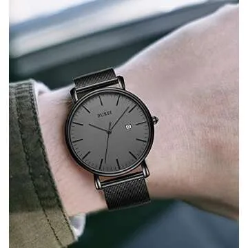 BUREI Men's Fashion Minimalist Wrist Watch All Black Waterproof Watches Simple Ultra Thin Watches Analog Quartz Date with Stainless Steel Mesh Band