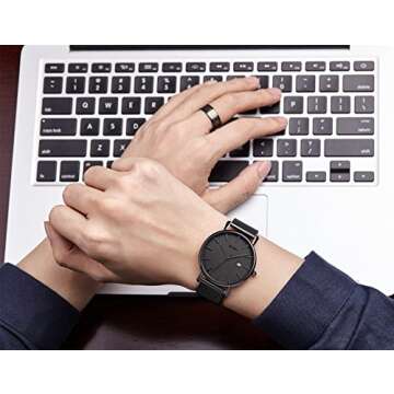 BUREI Men's Fashion Minimalist Wrist Watch All Black Waterproof Watches Simple Ultra Thin Watches Analog Quartz Date with Stainless Steel Mesh Band