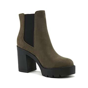 Soda EDITOR ~ Women Lug Sole High Heel Chelsea Fashion Ankle Boot w/Double Elastic Gore (FOREST IMIT SUEDE, US Footwear Size System, Adult, Women, Numeric, Medium, 7)