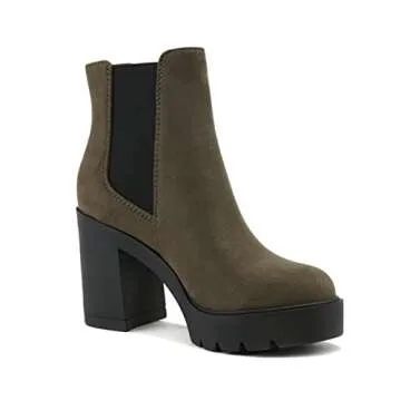 Soda EDITOR ~ Women Lug Sole High Heel Chelsea Fashion Ankle Boot w/Double Elastic Gore (FOREST IMIT SUEDE, US Footwear Size System, Adult, Women, Numeric, Medium, 7)