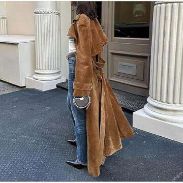 utcoco Womens Faux Suede Long Trench Coat Notched Lapel Double Breasted Pea Coat Overcoat with Belt ...