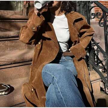 utcoco Womens Faux Suede Long Trench Coat Notched Lapel Double Breasted Pea Coat Overcoat with Belt (X-Large, Camel)