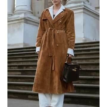 utcoco Womens Faux Suede Long Trench Coat Notched Lapel Double Breasted Pea Coat Overcoat with Belt (X-Large, Camel)