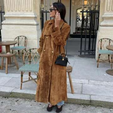 utcoco Womens Faux Suede Long Trench Coat Notched Lapel Double Breasted Pea Coat Overcoat with Belt (X-Large, Camel)