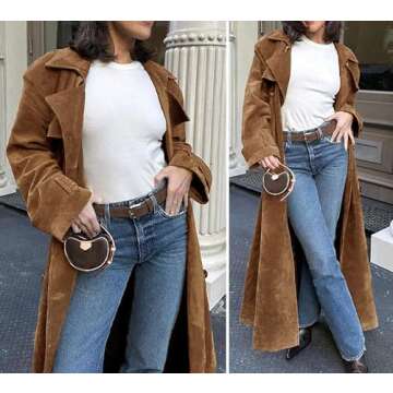 utcoco Womens Faux Suede Long Trench Coat Notched Lapel Double Breasted Pea Coat Overcoat with Belt (X-Large, Camel)