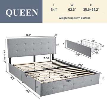 Allewie Queen Size Platform Bed Frame with 4 Storage Drawers & Adjustable Headboard, Upholstered Squ...