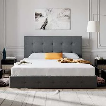 Allewie Queen Size Platform Bed Frame with 4 Storage Drawers & Adjustable Headboard, Upholstered Square Stitched Button Tufted Design, No Box Spring Needed, Dark Grey