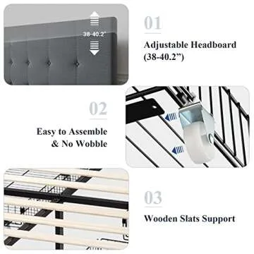 Allewie Queen Size Platform Bed Frame with 4 Storage Drawers & Adjustable Headboard, Upholstered Square Stitched Button Tufted Design, No Box Spring Needed, Dark Grey