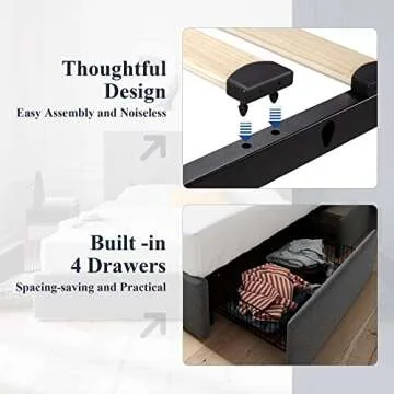 Allewie Queen Size Platform Bed Frame with 4 Storage Drawers & Adjustable Headboard, Upholstered Square Stitched Button Tufted Design, No Box Spring Needed, Dark Grey