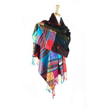 PASKMLNA Double Side Rainbow Silky Tropical Colorful Exotic Pashmina Wrap Shawl Scarf (056#9black)