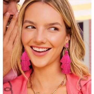 Me&Hz Trendy Hot Pink Earrings Pink Tassel Earrings for Women Dangling Pink Earrings Pierced Boho St...