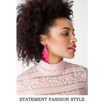 Me&Hz Trendy Hot Pink Earrings Pink Tassel Earrings for Women Dangling Pink Earrings Pierced Boho Statement Layered Fringe Earrings Hot Pink Jewelry Birthday Valentines Day Gift for Her