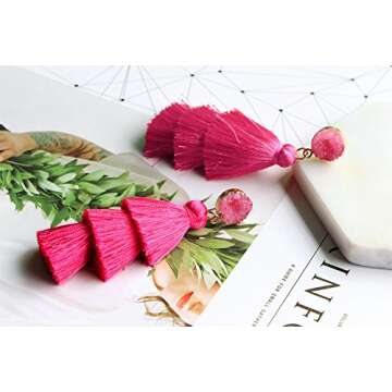 Me&Hz Trendy Hot Pink Earrings Pink Tassel Earrings for Women Dangling Pink Earrings Pierced Boho Statement Layered Fringe Earrings Hot Pink Jewelry Birthday Valentines Day Gift for Her