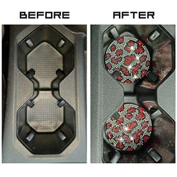 2PCS Bling Car Cup Coaster, Fashion Rhinestone Anti-Slip Shockproof Insert Coaster, Universal Crystal Rhinestone Car Interior Accessories for Women Man… (Red Leopard Print)