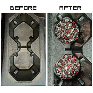 2PCS Bling Car Cup Coaster, Fashion Rhinestone Anti-Slip Shockproof Insert Coaster, Universal Crystal Rhinestone Car Interior Accessories for Women Man… (Red Leopard Print)