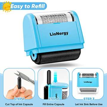 LioNergy Identity Protection Roller Stamp Roller Identity Theft Prevention Security Stamp with 3 Refills - Blue